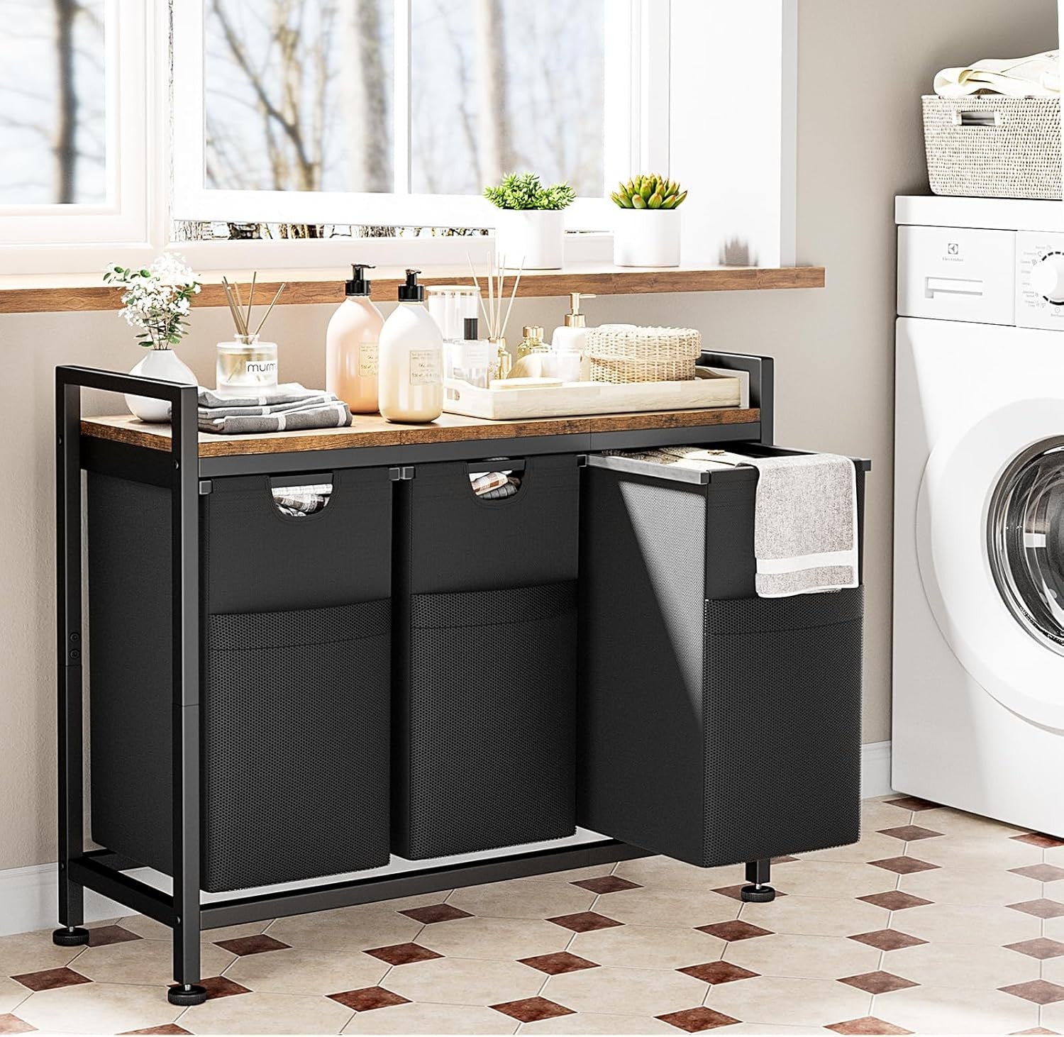 142L Laundry Sorter with 3 Pull-Out Bags & Shelf Large Freestanding Organizer