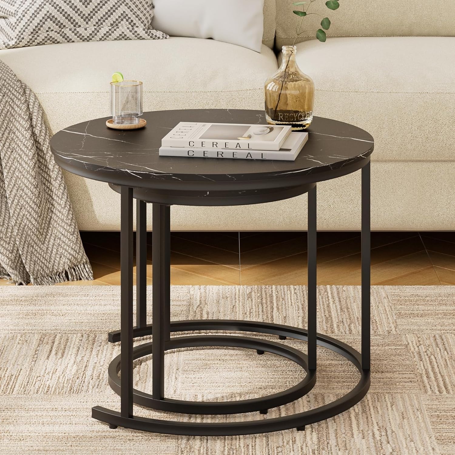 Round Nesting Coffee Tables Set of 2 – Grey Top Black Frame, Space- Black