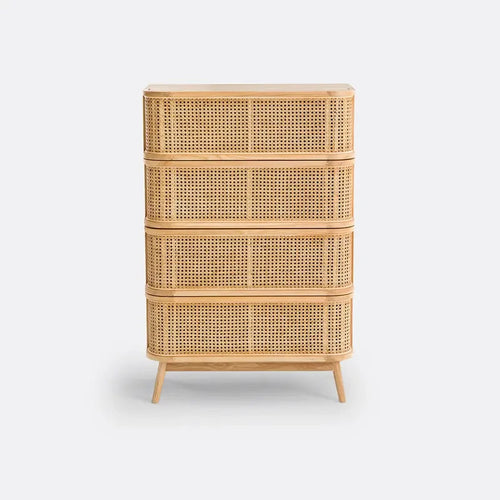 Rattan Chest of Drawers 4 Tall Storage Cabinet Solid Wood Cane Unit 80cm