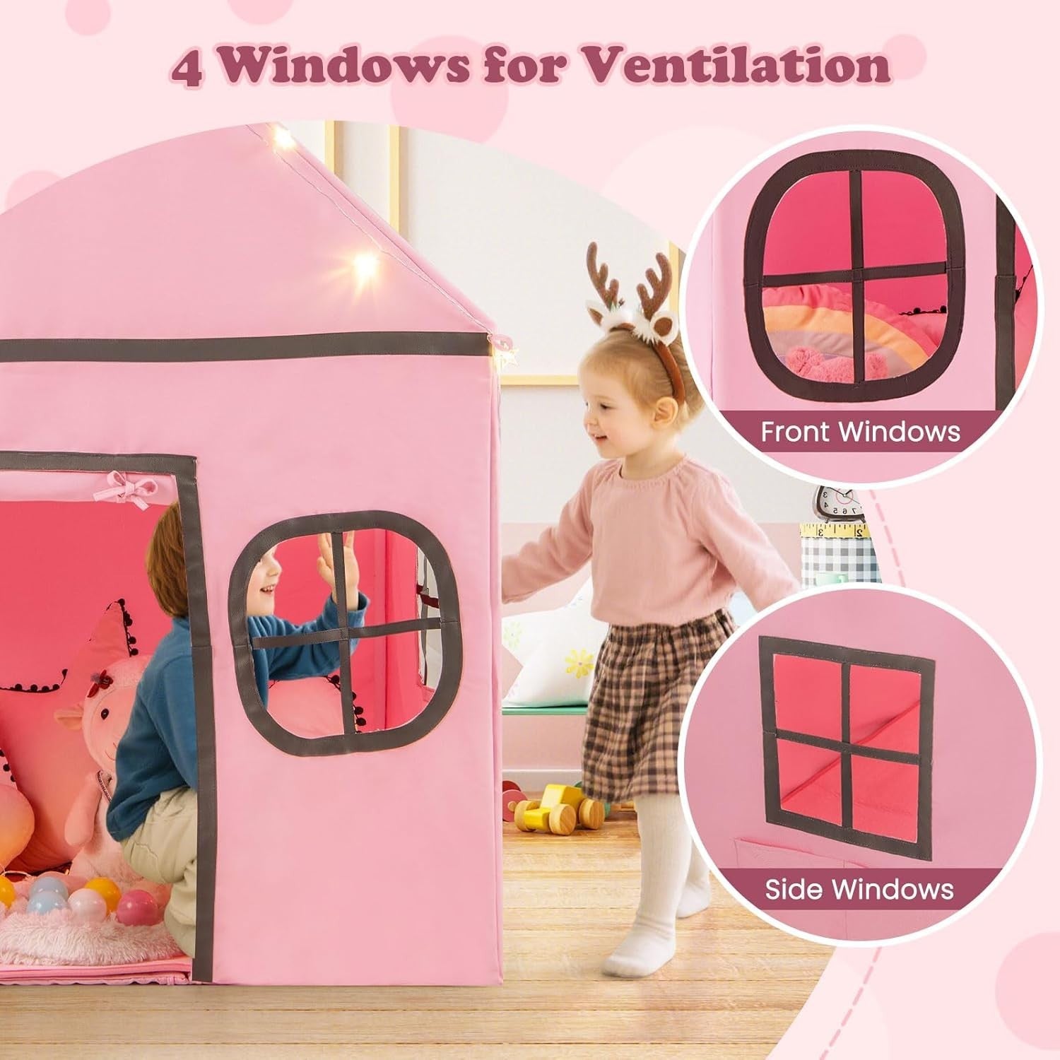 Pink Grey Kids Fairy Play Tent Indoor w Star Lights Mat Storage