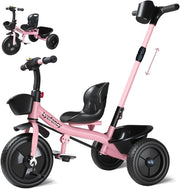 Kids Tricycle 2 In 1 Push Trike Parent Handle Adjustable Seat Basket Pink