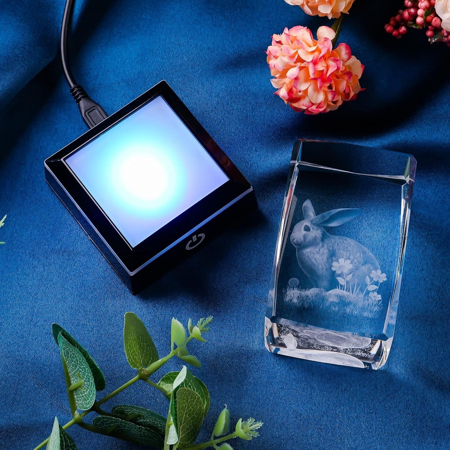 3D Crystal Rabbit Figurine with LED Base • Engraved Glass Bunny Night Light Gift