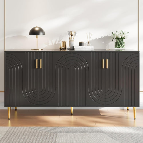 Black Sideboard Cabinet 4 Doors Gold Handles Modern Wave Storage Unit