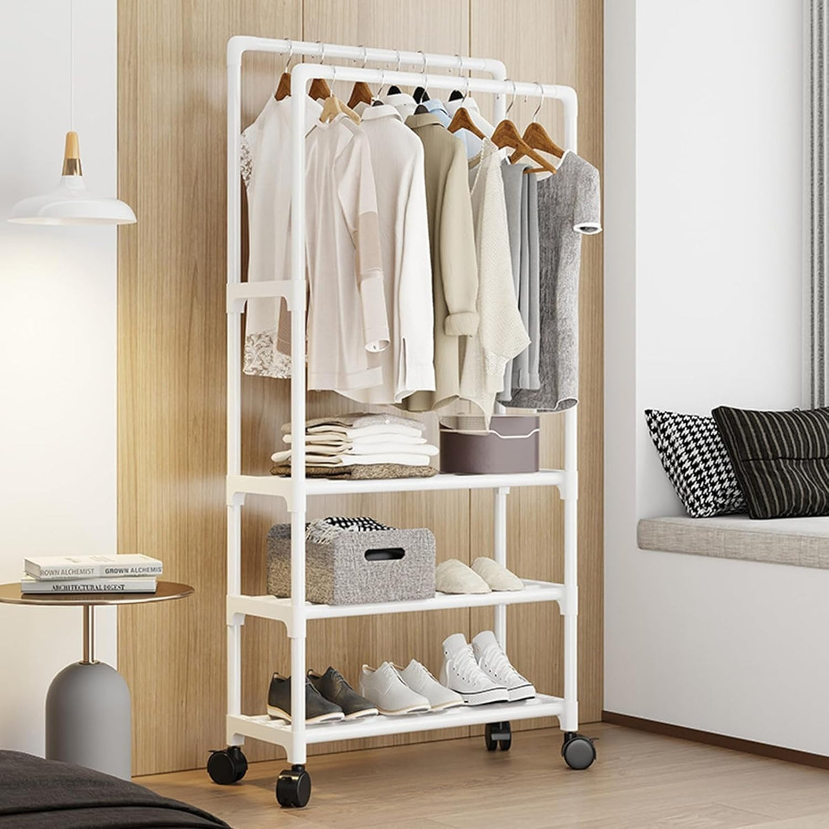 White Metal Double Clothes Rail with Wheels & Shoe Rack