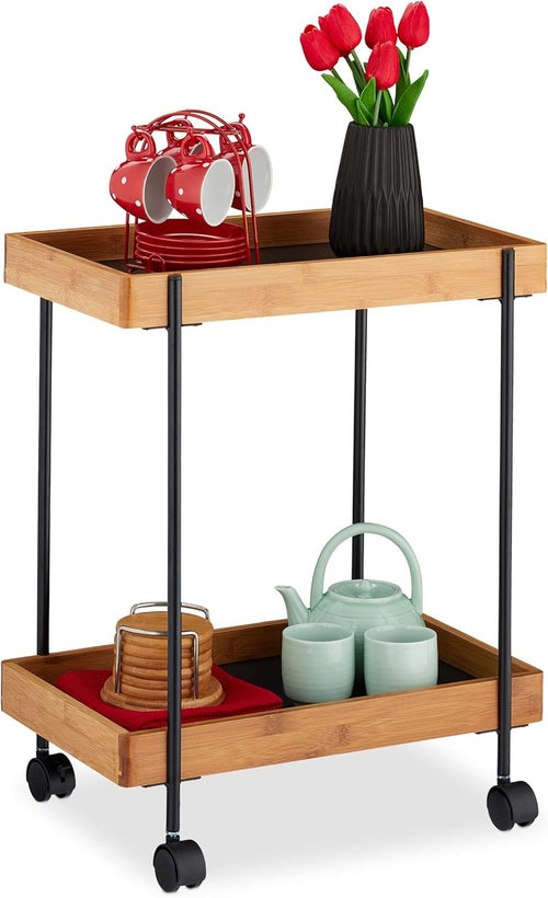 2 Tier Serving Trolley on Wheels Bamboo Tea Cart Side Table Lockable Castors