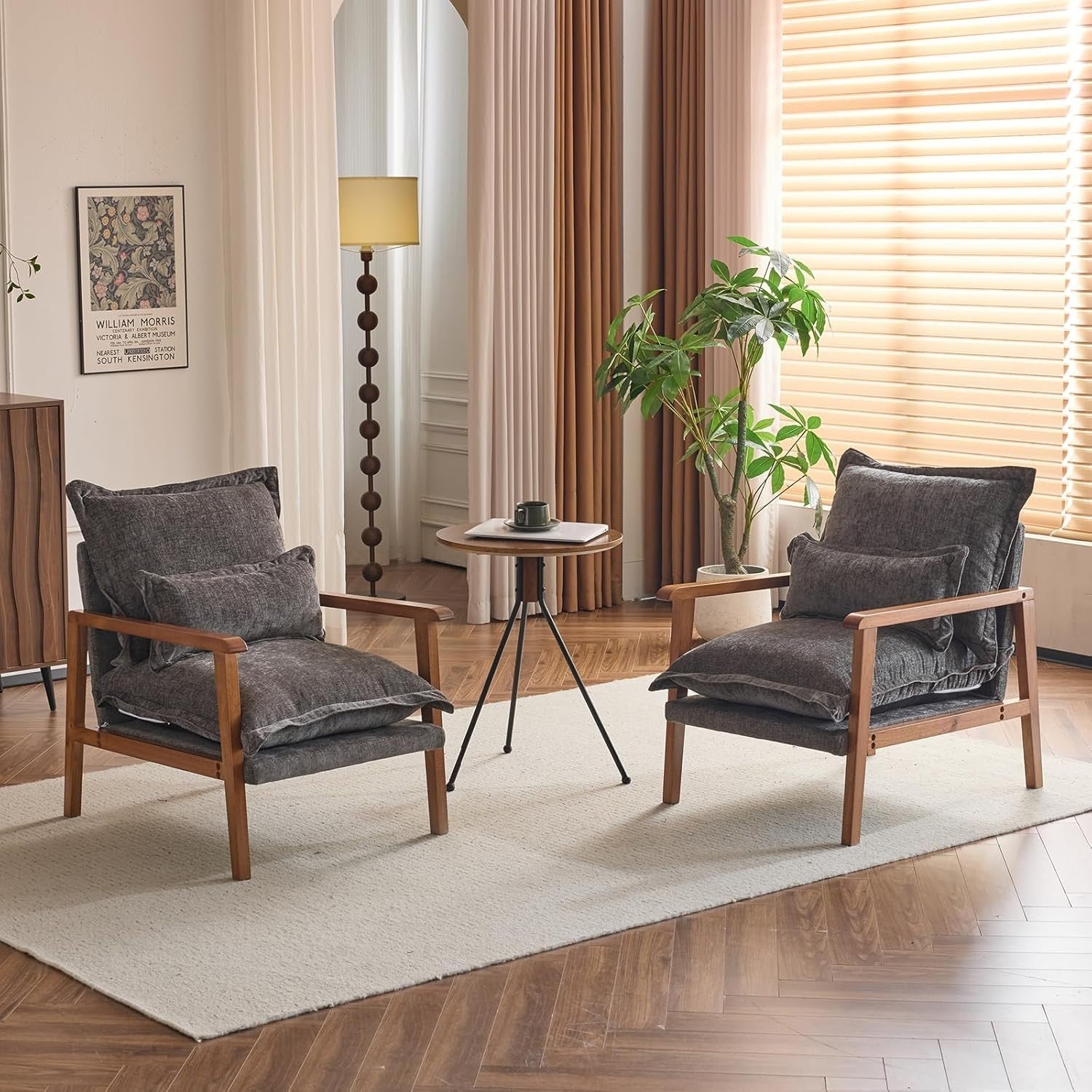 Mid-Century Modern Wooden Armchair with Cushioned Seat & Lumbar Pillow Grey