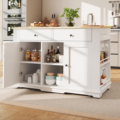 Kitchen Island Trolley with Power Strip, Foldable Table & Storage Drawers