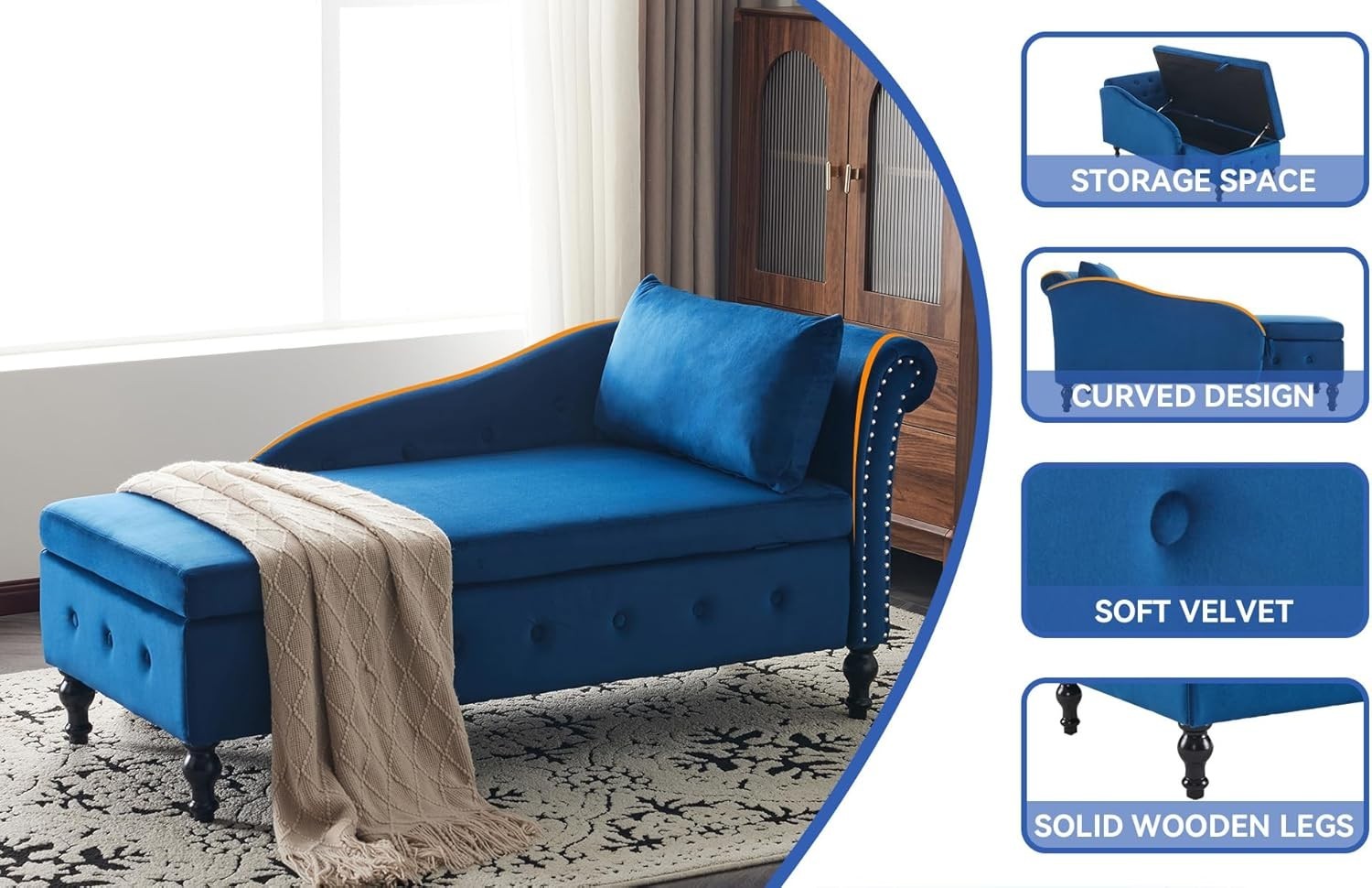 Velvet Chaise Lounge Sofa w/Storage & Pillow Right Armrest Blue Tufted