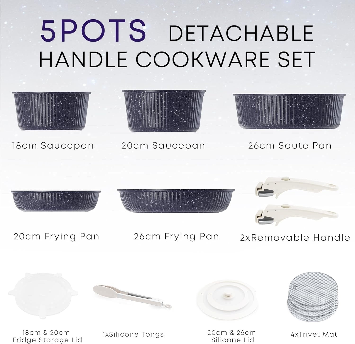 5Pcs Ribbed Dark Blue Pots Pans Set with Lids & Detachable Handle Induction Safe