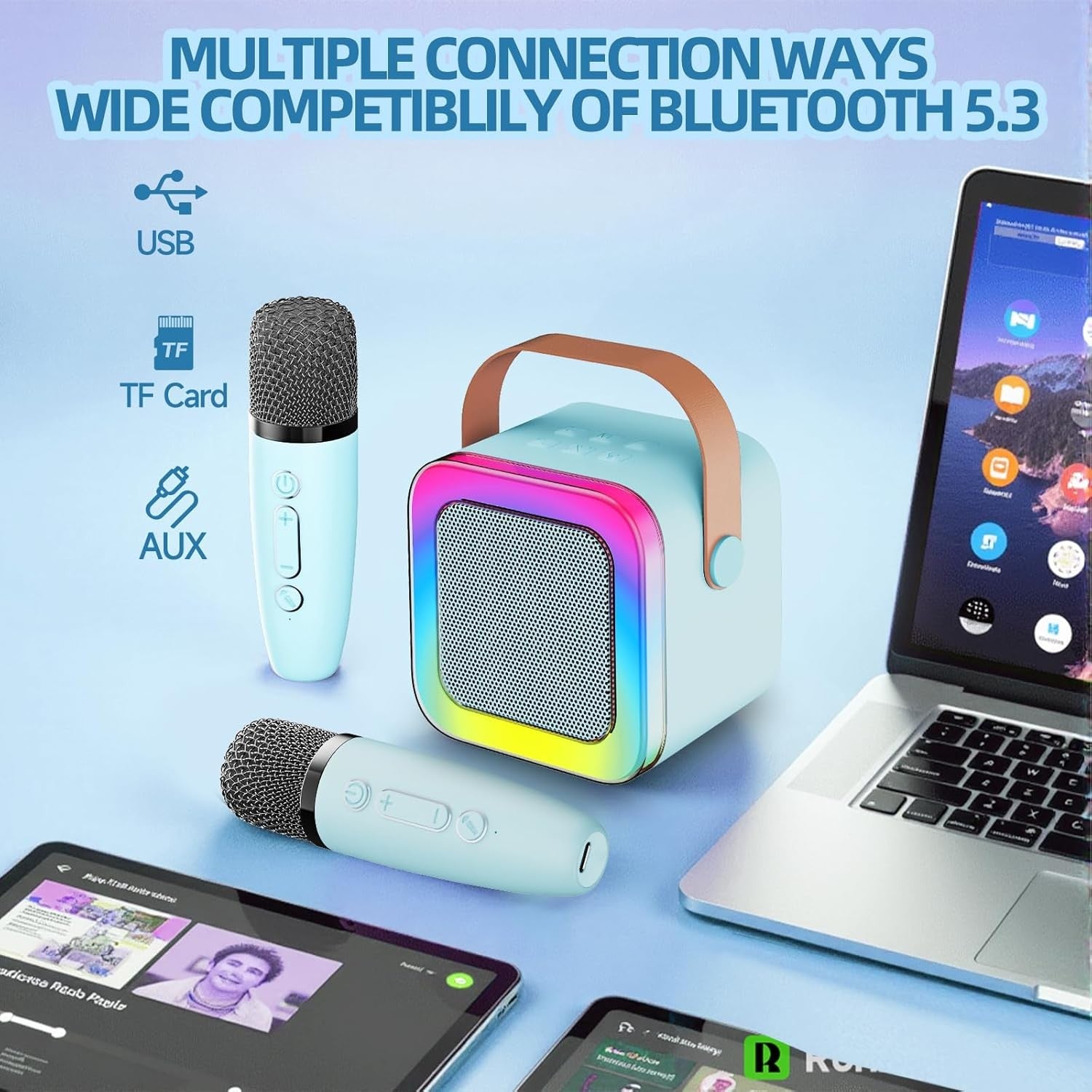 Mini Karaoke Machine for Kids & Teens 2 Wireless Mics LED Lights