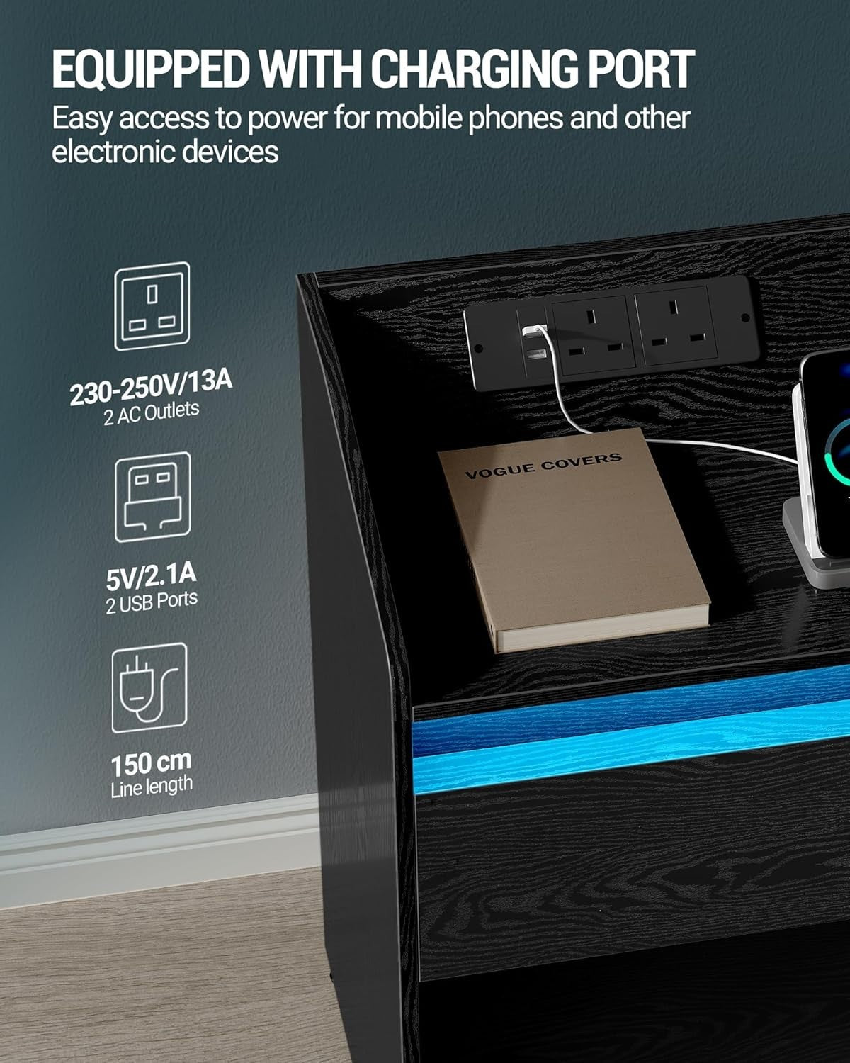 Set of 2 LED Bedside Tables with Charging Ports – Modern Nightstands with Drawer