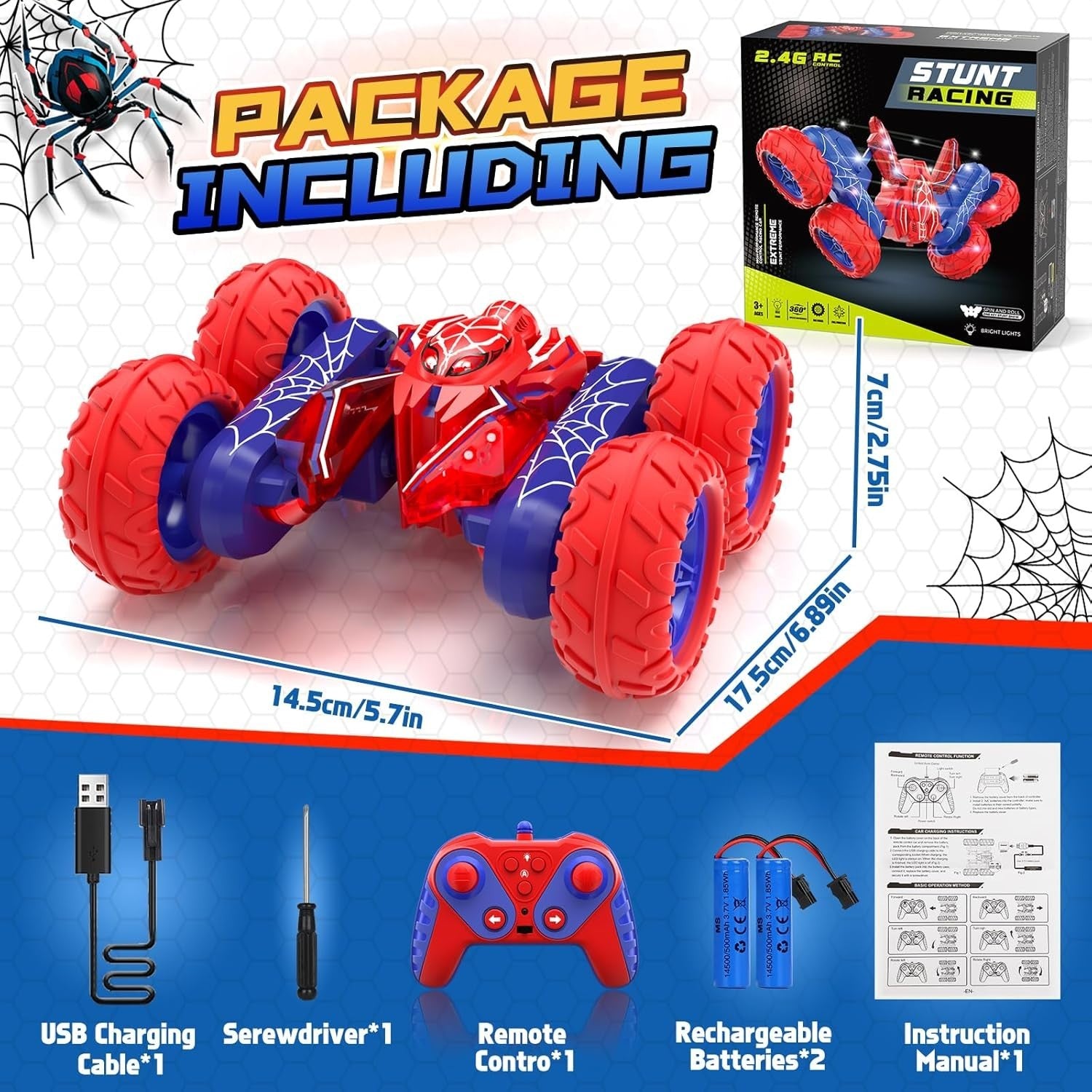4WD Spider Stunt RC Car with Full-Body Lights – 360° Flip Toy for Kids 3–8+