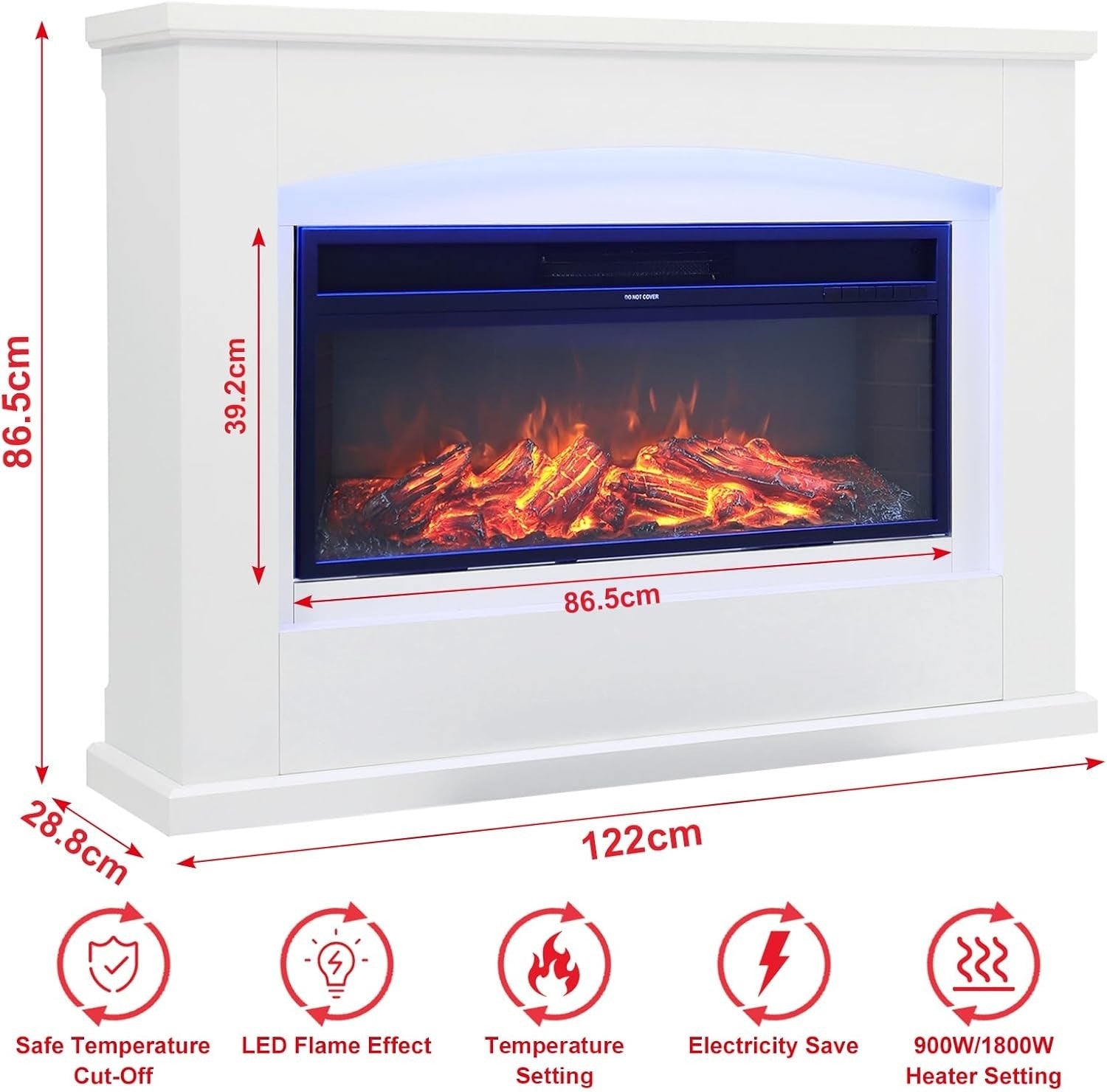 50" Freestanding Electric Fireplace Heater 7-Colour LED Flame Remote Control