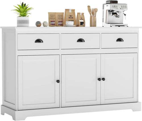 White Sideboard Storage Cabinet with Drawers & Adjustable Shelves Unit