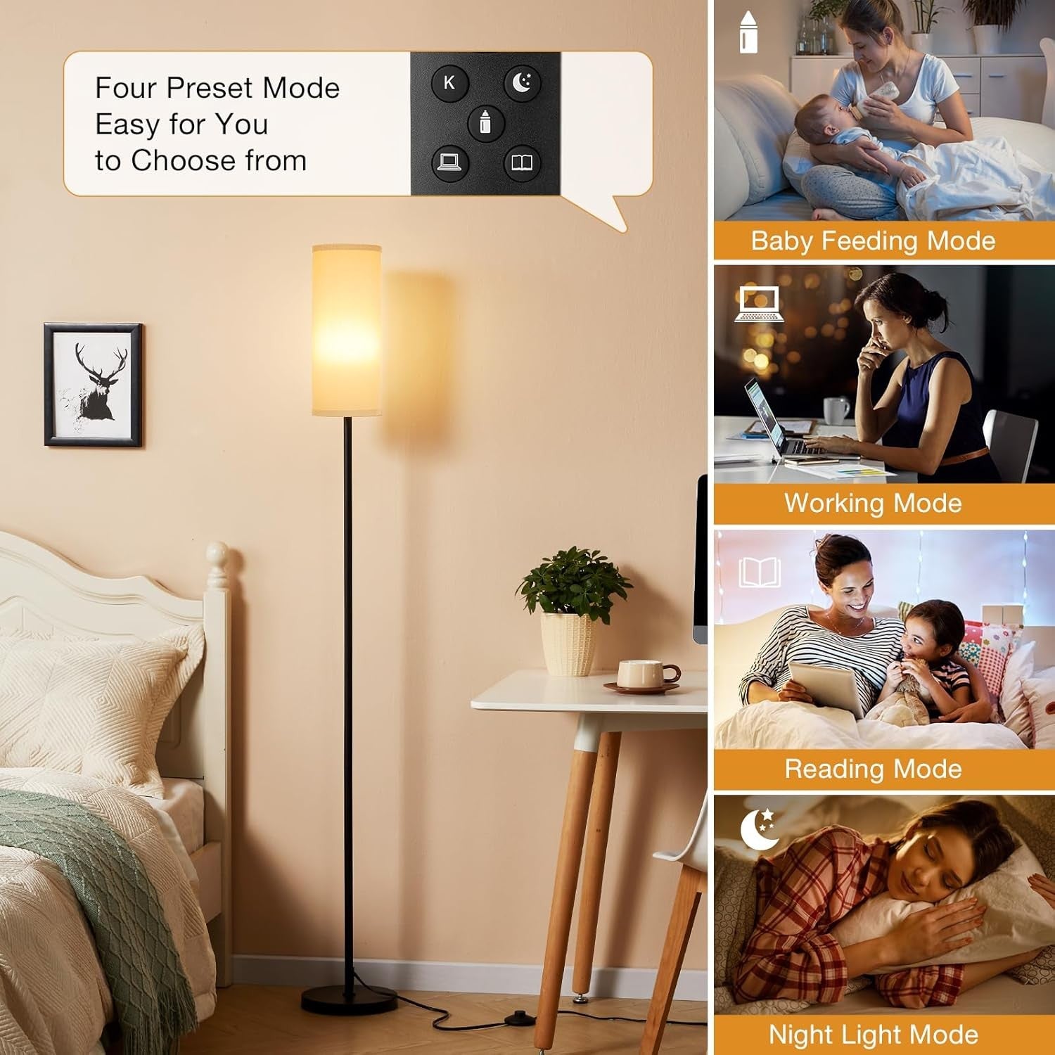 Grey Corner Floor Lamp Remote Control Dimmable Standing Light Living Room