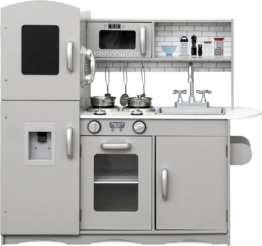 Large Wooden Kids Play Kitchen w/ Microwave Oven Sink Utensils
