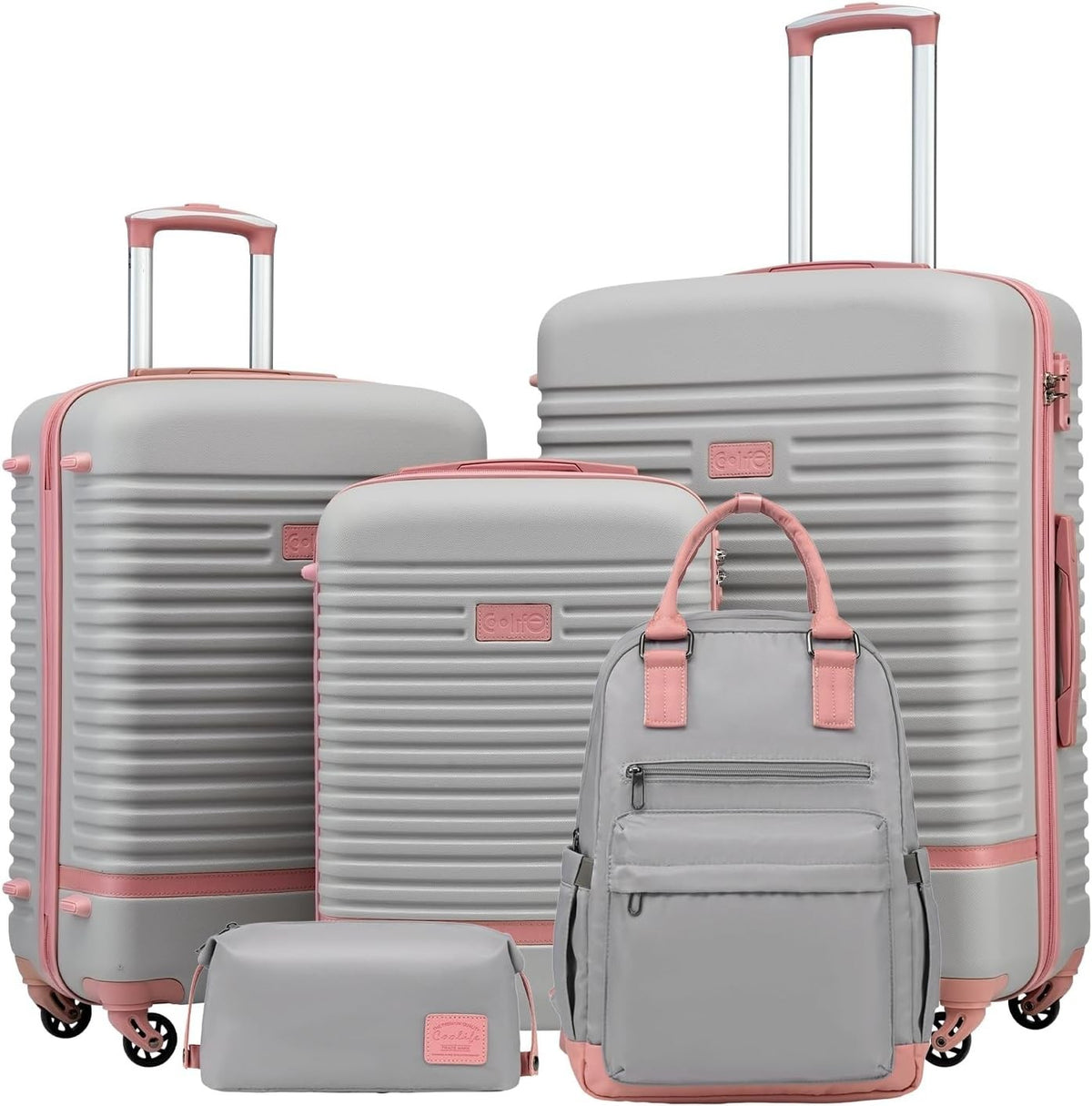 5PC Pink Grey Luggage Set Hard Shell TSA Lock 360 Spinner + Backpack