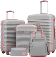 5PC Pink Grey Luggage Set Hard Shell TSA Lock 360 Spinner + Backpack