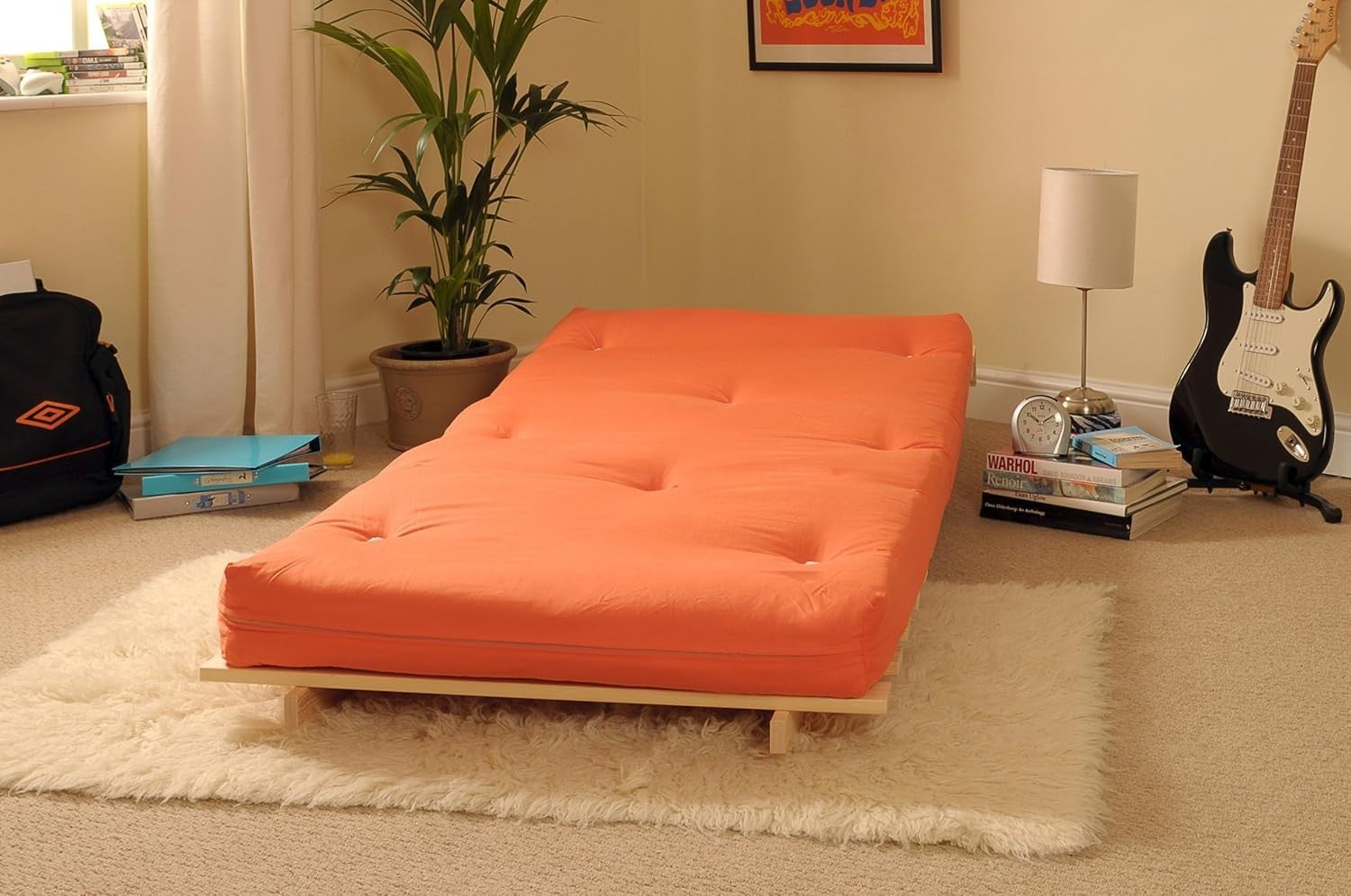Small Single Wooden Futon Bed with Orange Tufted Mattress Compact & Stylish