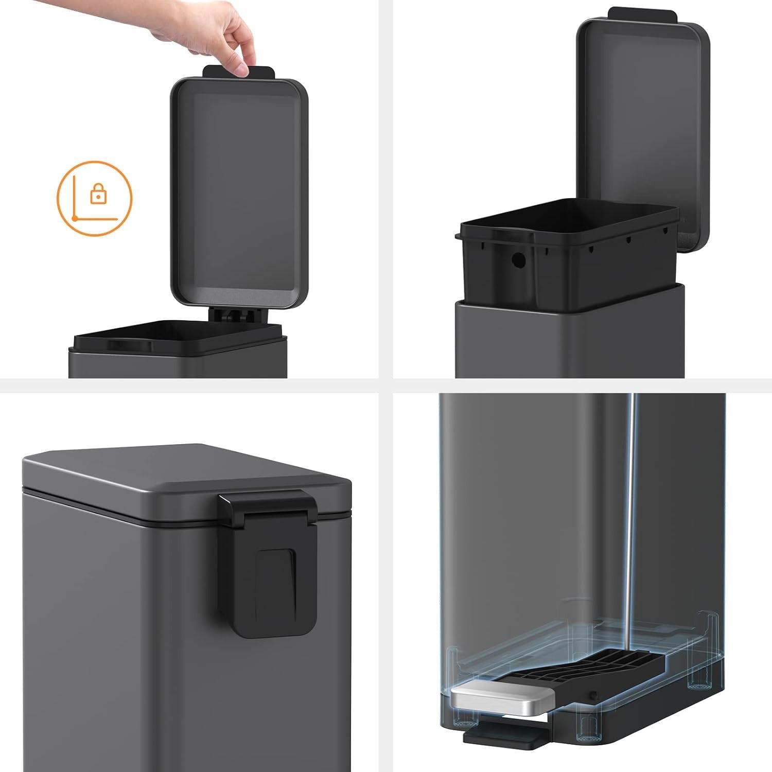 10L Slim Stainless Steel Step Trash Can Soft Close Pedal Bin Grey