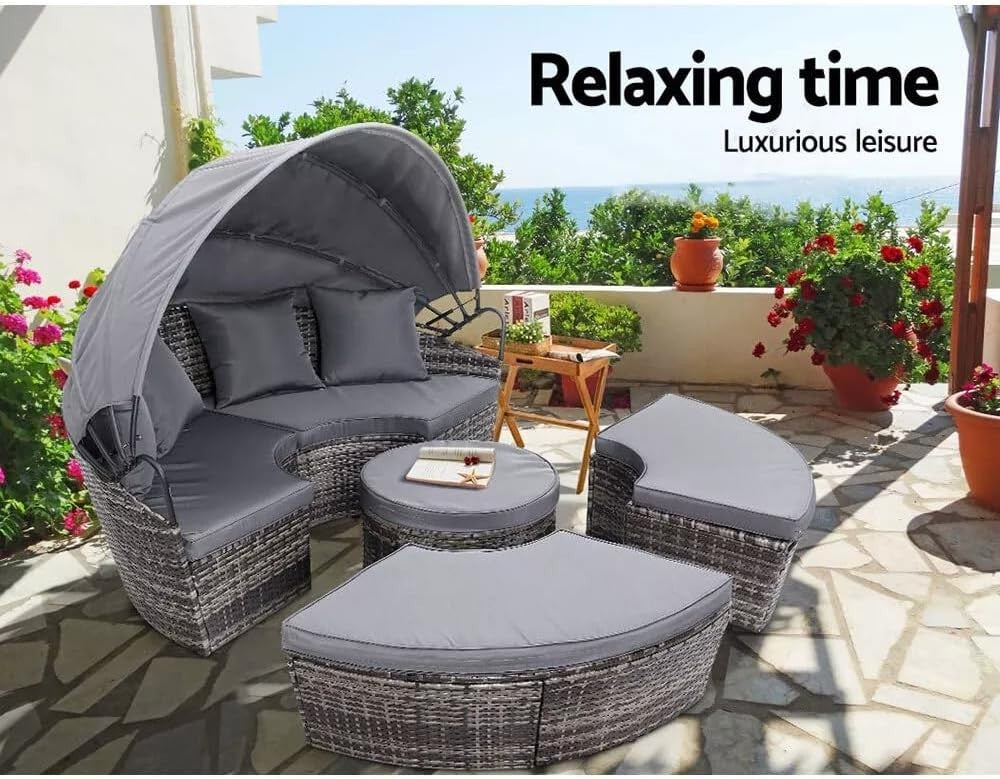 5-Piece Outdoor Rattan Day Bed Set with Cushions, Canopy & Coffee Table