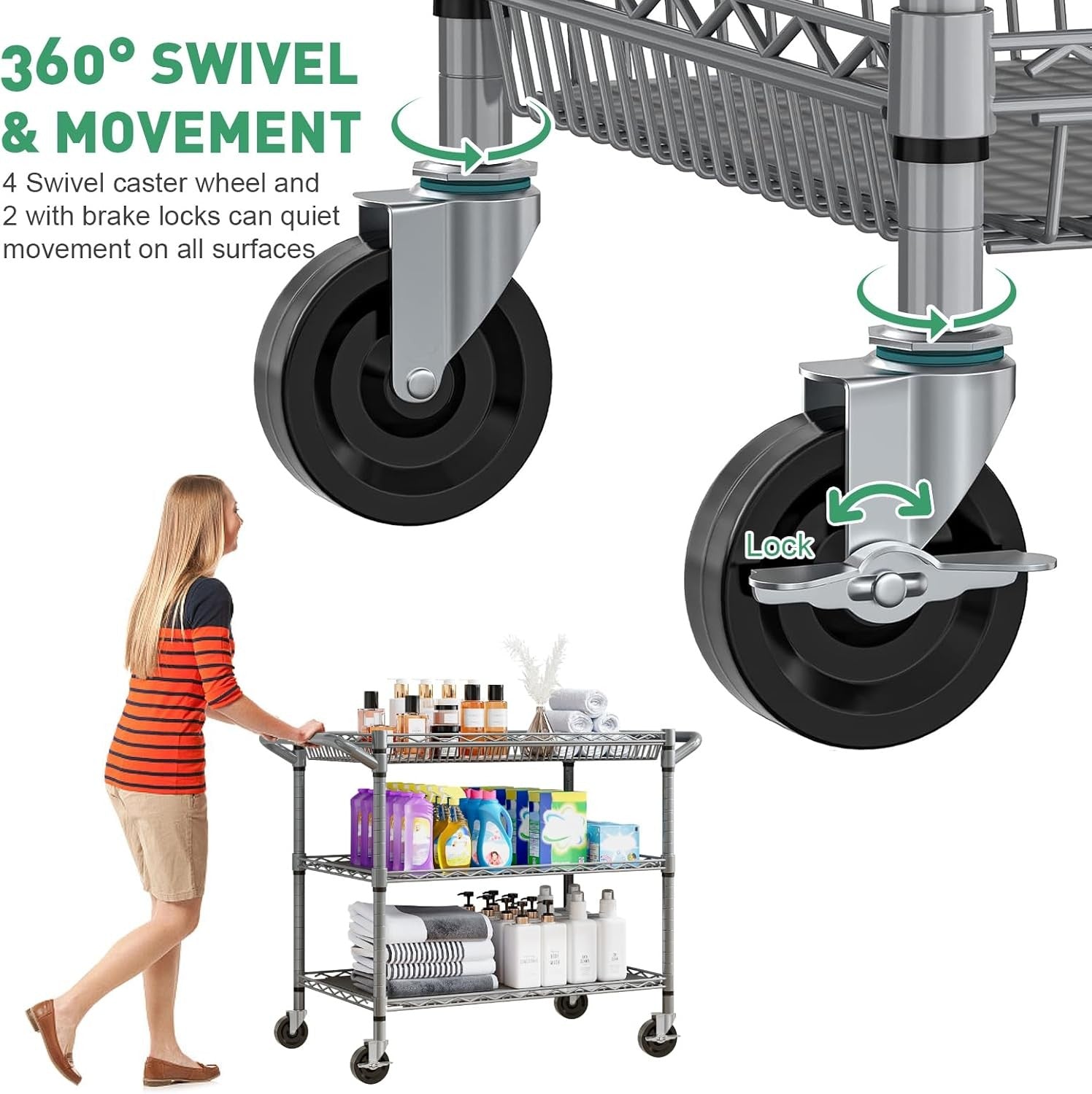 Heavy Duty Utility Cart 3 Tier Rolling Metal Storage Trolley on Wheels