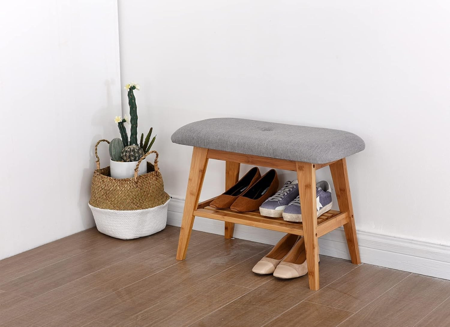 Compact Bamboo Shoe Bench with Cushion & 2-Tier Storage Rack 60cm Nature