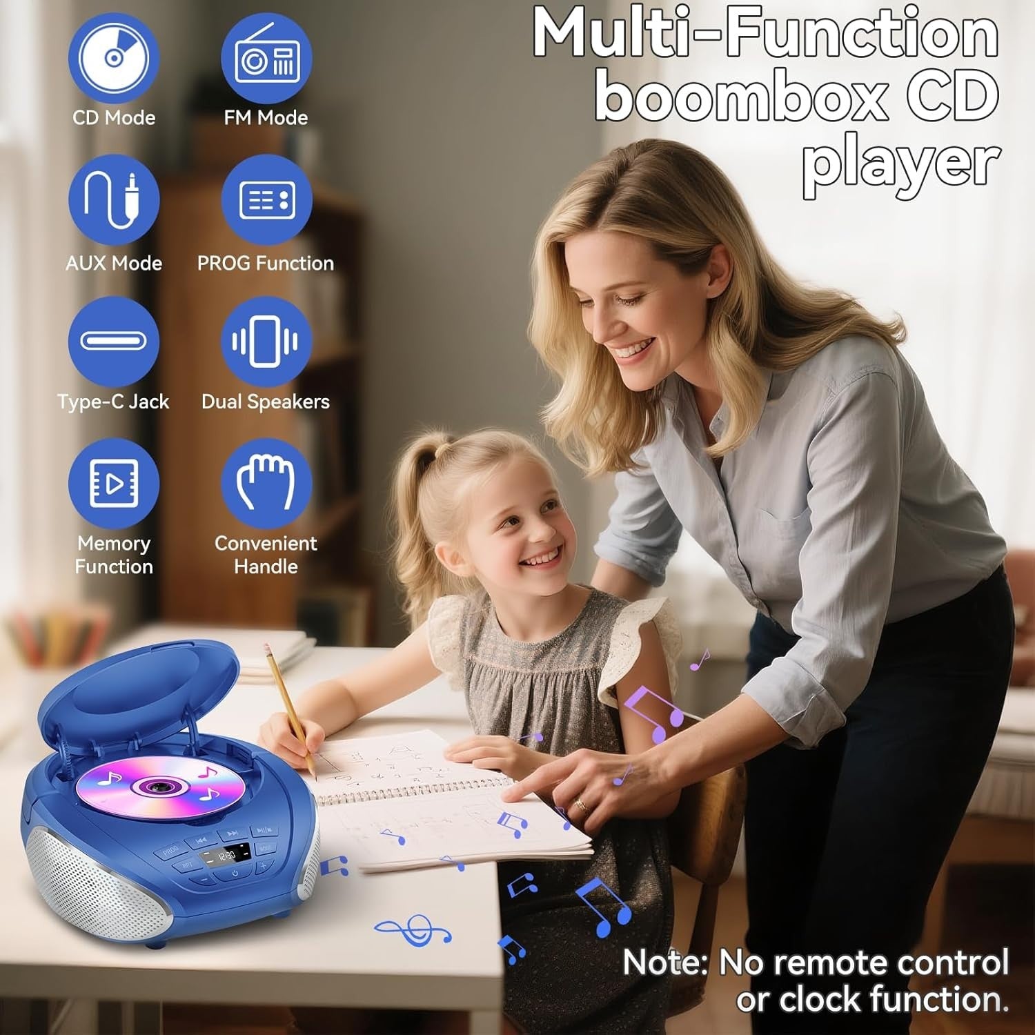 Portable CD Player Boombox Speakers FM Radio AUX Headphone Jack Blue
