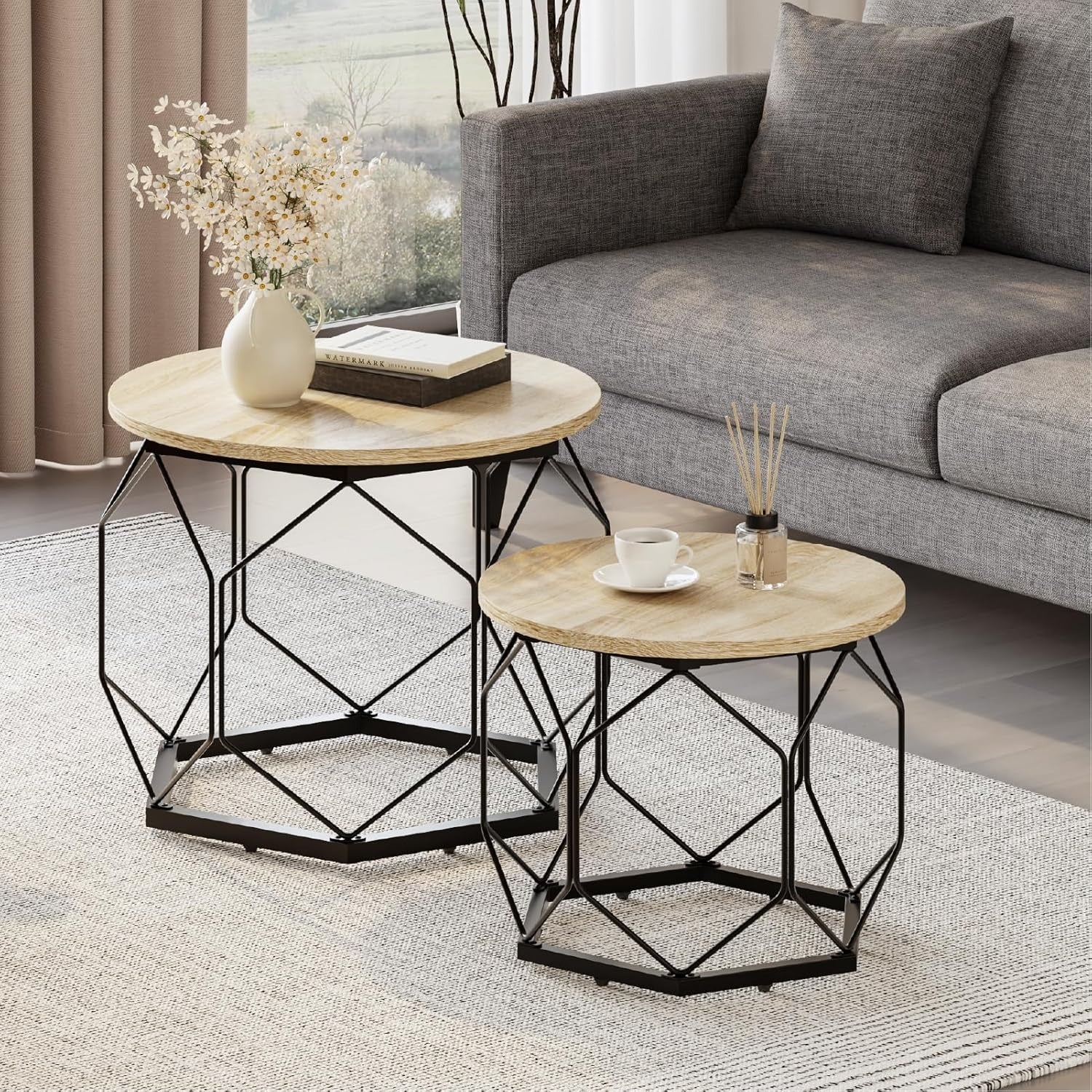 Round Coffee Tables Set of 2 – Sturdy Metal Frame, Light Oak Shelves, 40 & 50cm