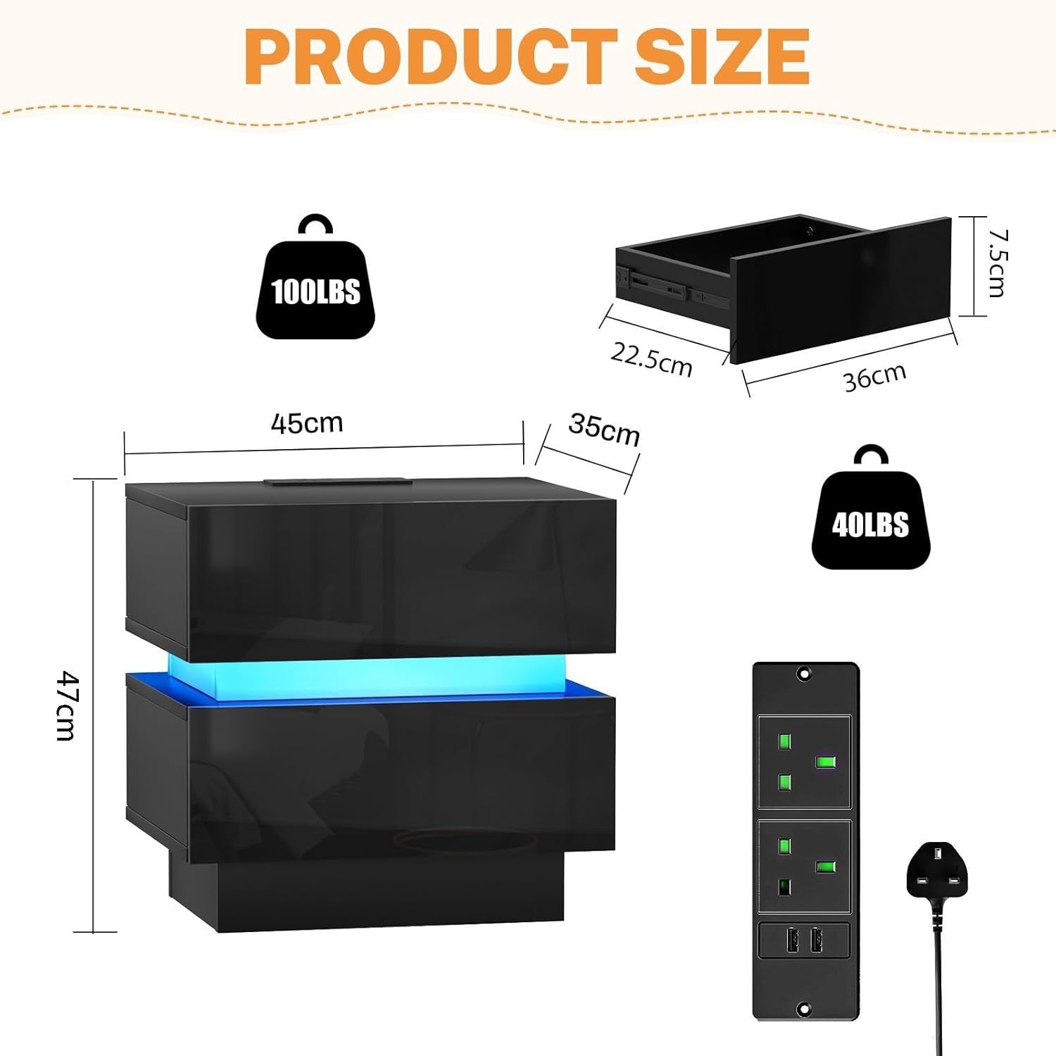 Modern Black LED Bedside Table with USB Charging Ports, Power Socket & 2 Drawers