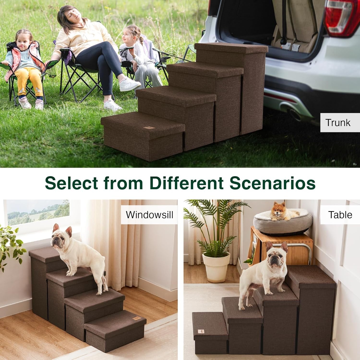 Dog Stairs 4 Step with Storage Foldable Pet Steps Coffee 200lb