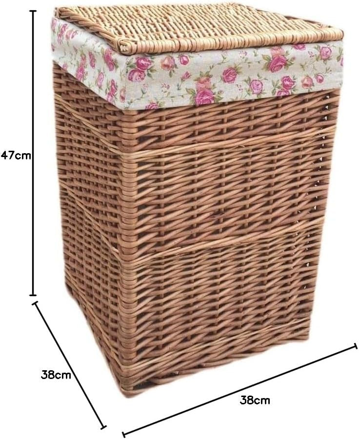 Small Square Wicker Laundry Basket with Lid & Floral Liner | Lightweight Storage
