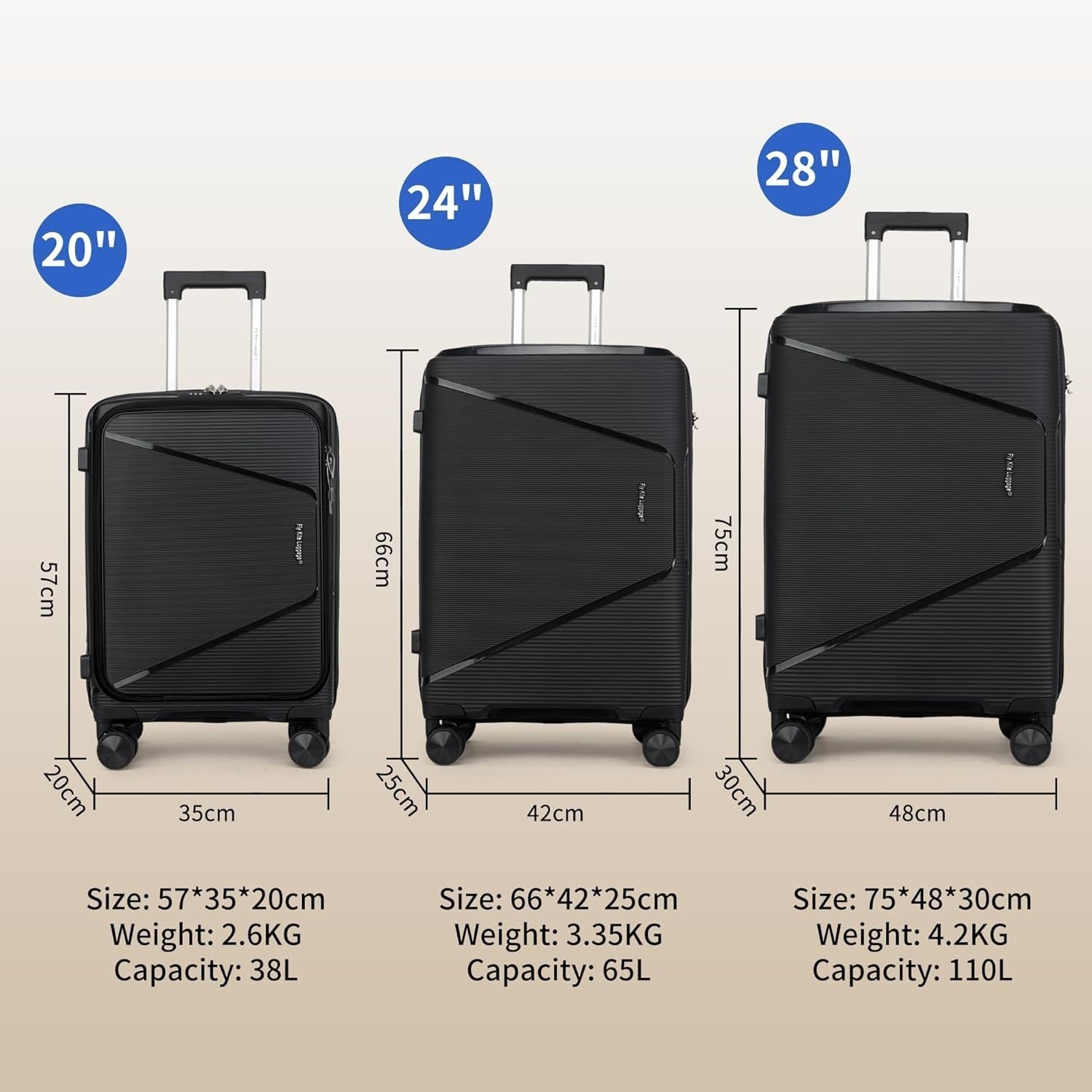 20in Cabin Luggage Polypropylene Hard Case TSA Lock Spinner Wheels Pocket
