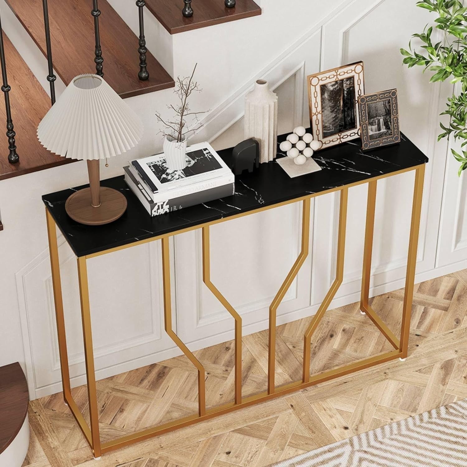 Slim Faux Marble Console Table with Anti-Tip, Metal Frame & Storage – 110cm