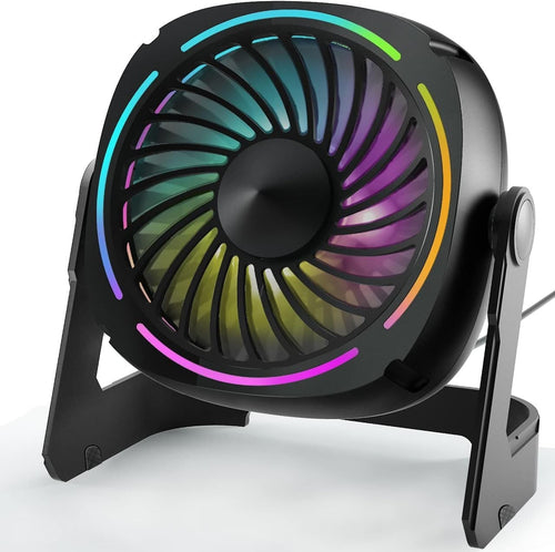 Black USB Desk Fan – 5.3" Portable 3-Speed Fan w/ 8-Color LED & 360° Rotation