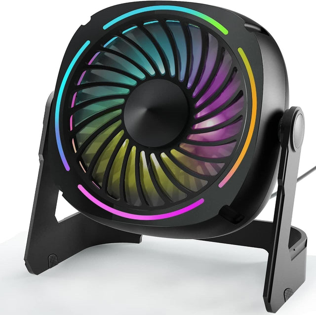 Black USB Desk Fan – 5.3" Portable 3-Speed Fan w/ 8-Color LED & 360° Rotation