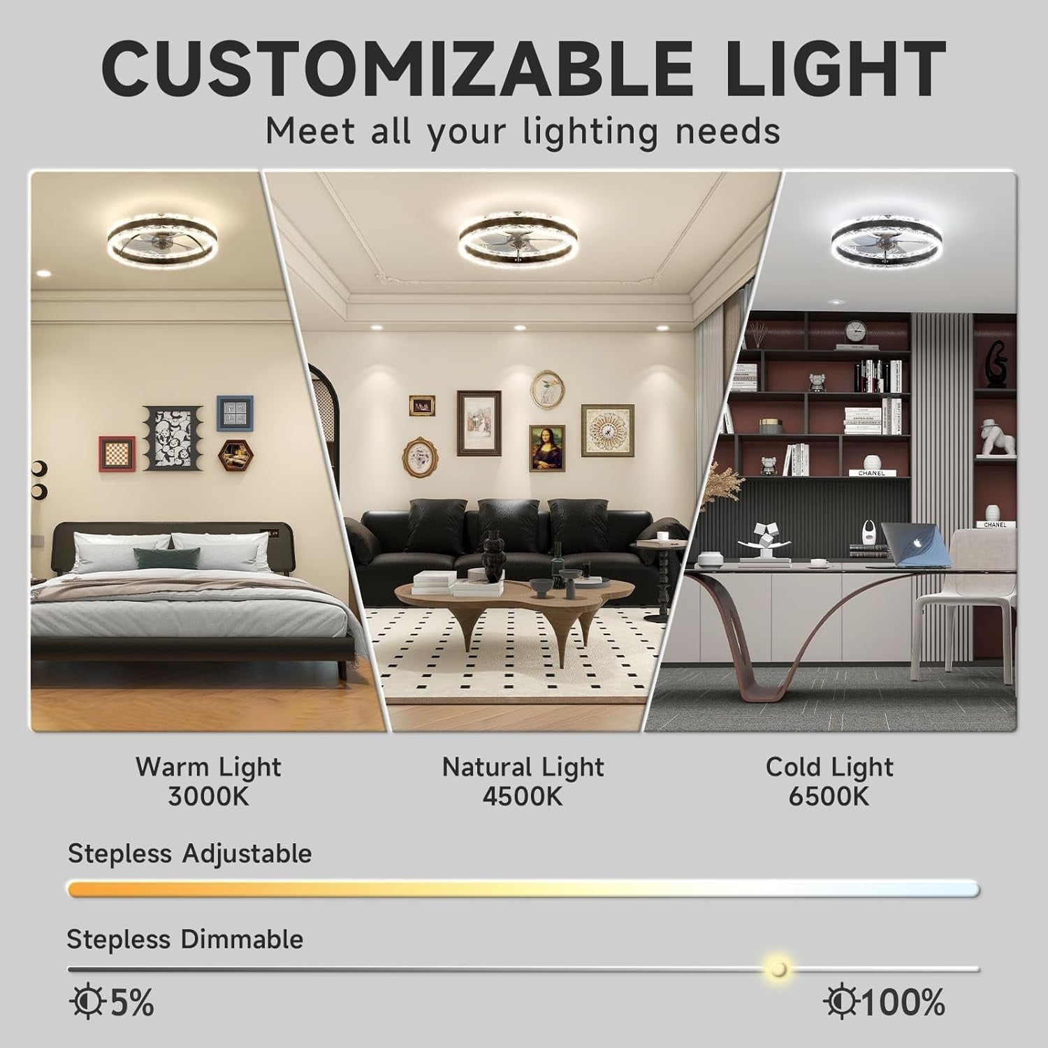 50CM Smart LED Ceiling Fan, 6 Speeds, Dimmable 3000-6500K, Black