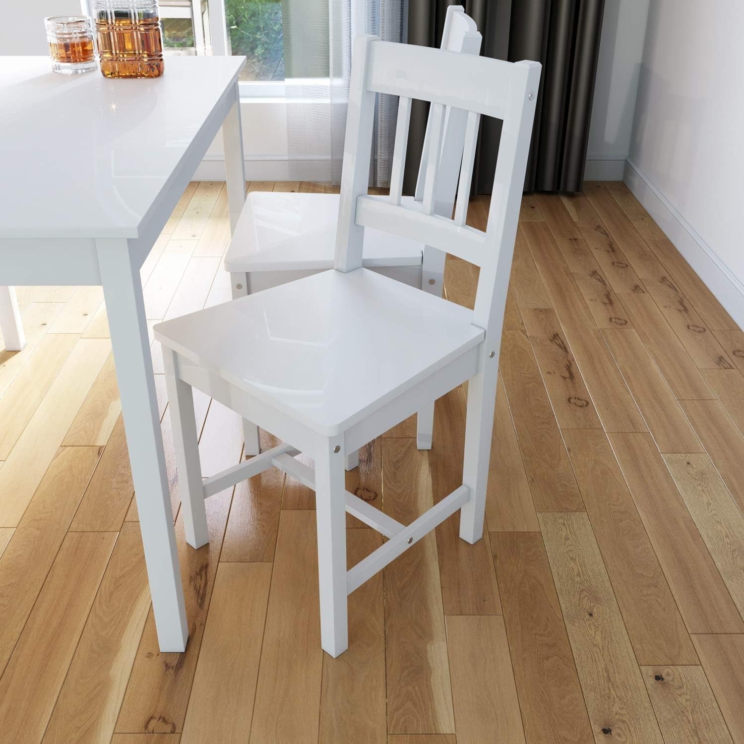 Solid Pine Wood Dining Table Set 5pcs White Kitchen Chairs Rectangular