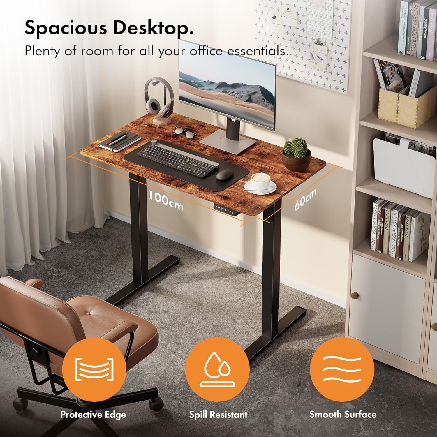 Rustic 100x60cm Electric Standing Desk with USB-C & Memory Control Panel