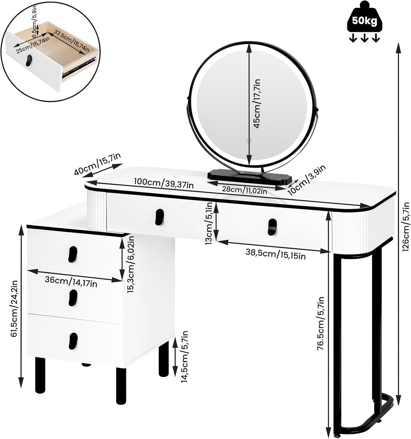 Large Vanity Dressing Table w/ 3-Color LED Mirror & 5 Drawers Storage Cabinet