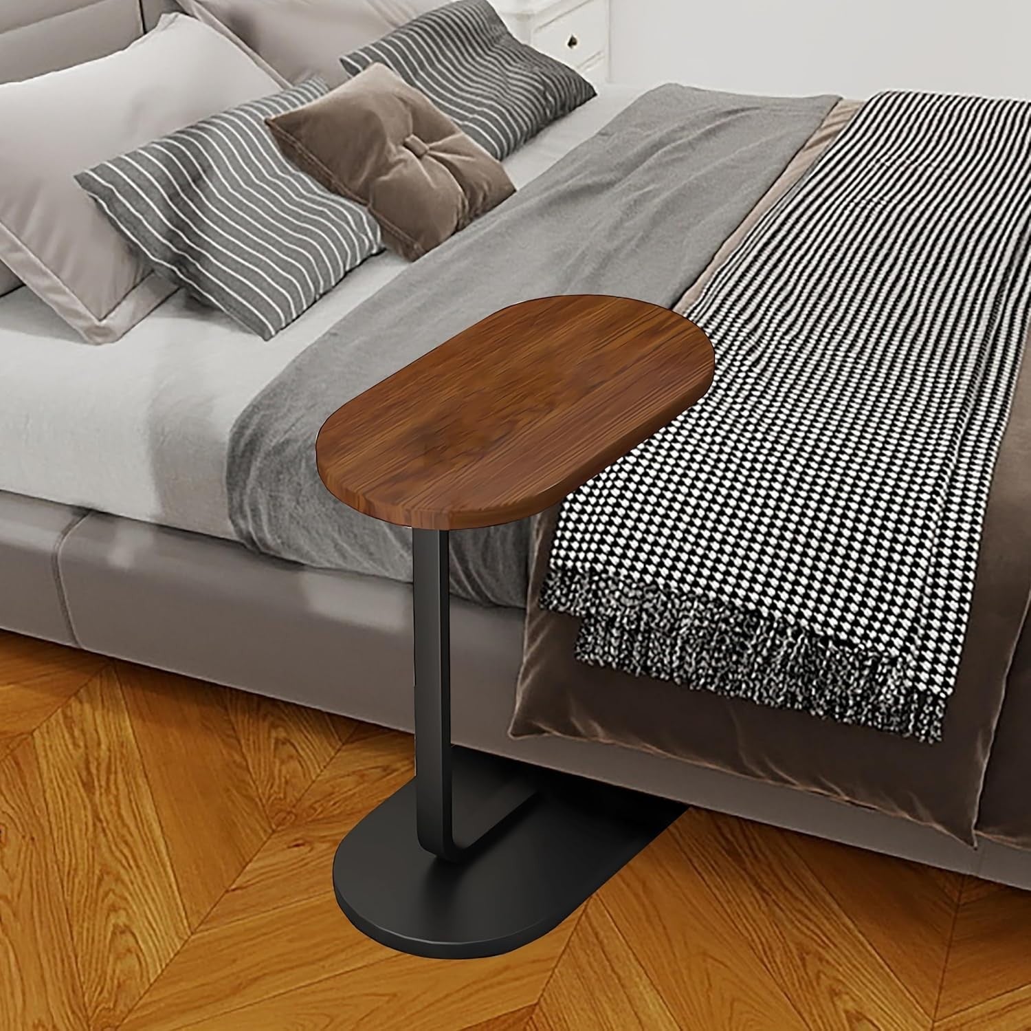 C-Shaped Side Table for Sofa or Bed, Adjustable Legs, 45x28x61cm Brown