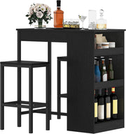 Black Bar Table Set with 2 Stools Industrial Wood Top Storage Shelves Furniture