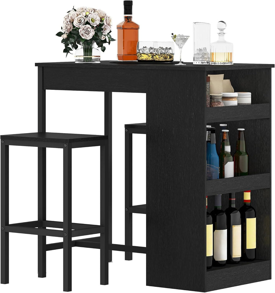 Black Bar Table Set with 2 Stools Industrial Wood Top Storage Shelves Furniture
