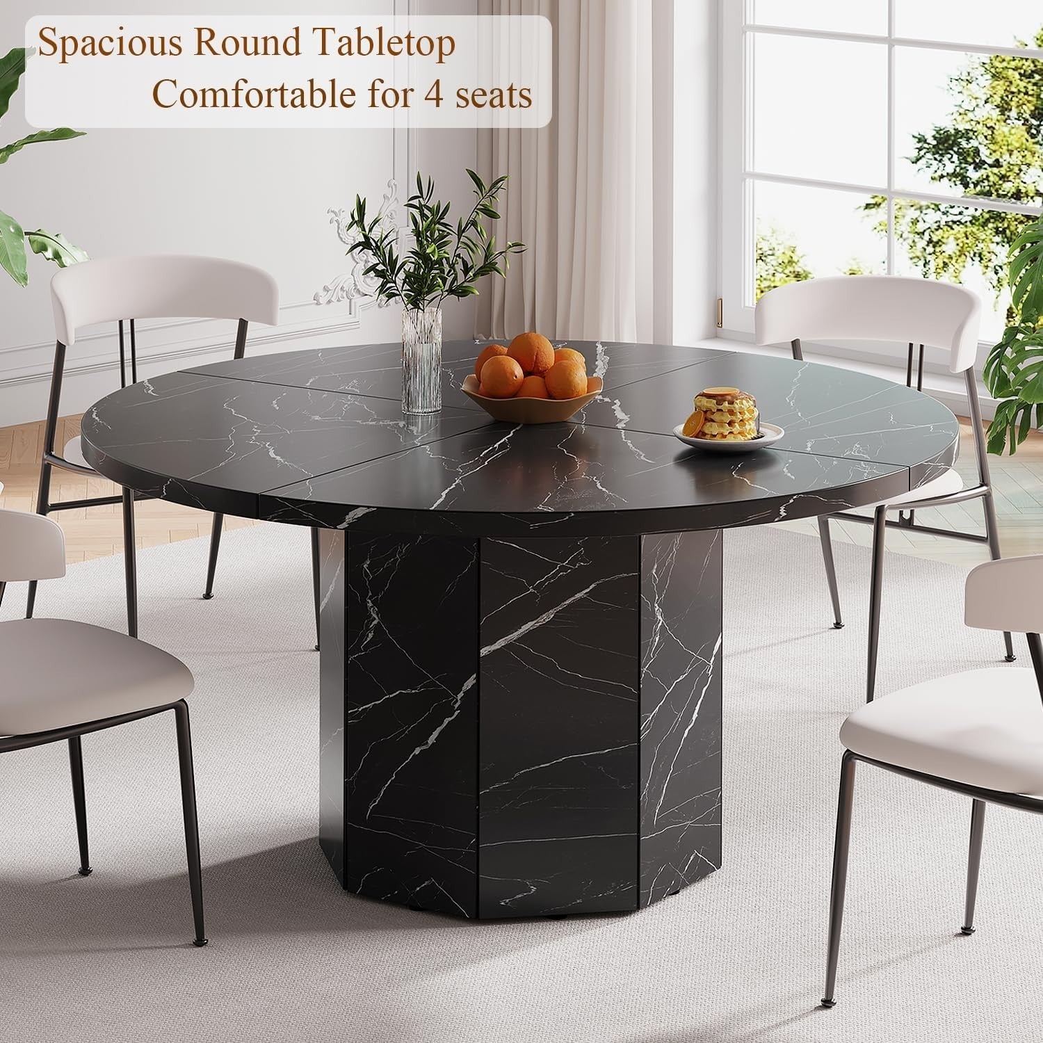 Round Black Marble Dining Table 4-6 Seater Modern Kitchen 120cm