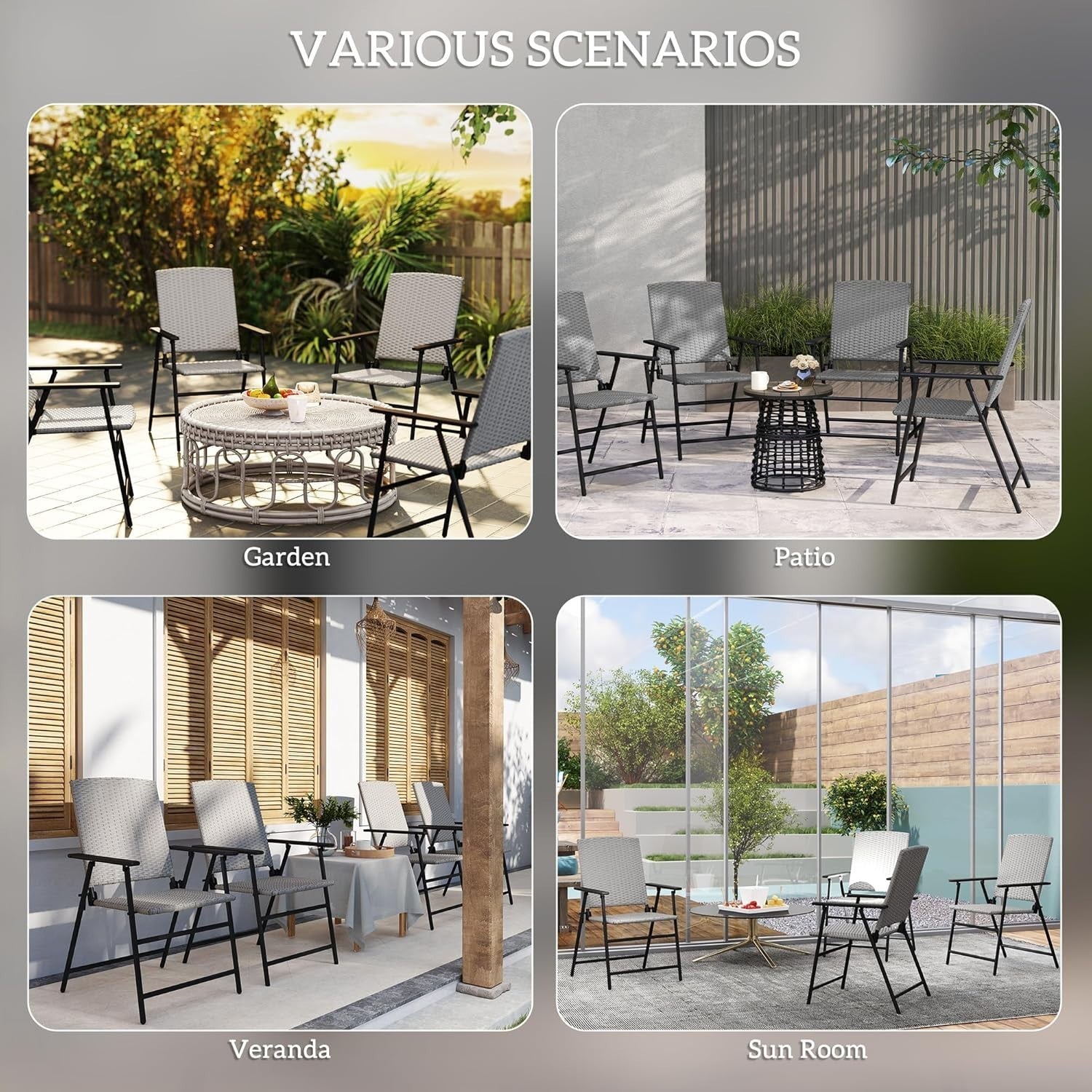 Set of 4 Folding Garden Chairs High Back Rattan Patio Dining Seating