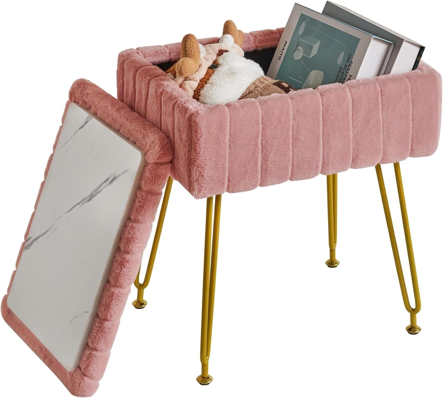 Pink Velvet Storage Footstool with Metal Legs – Rectangular Vanity Stool
