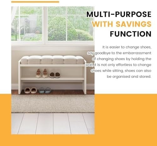 Cream White 2-Tier Shoe Storage Bench with Cushion Seat – 87cm Modern Entryway