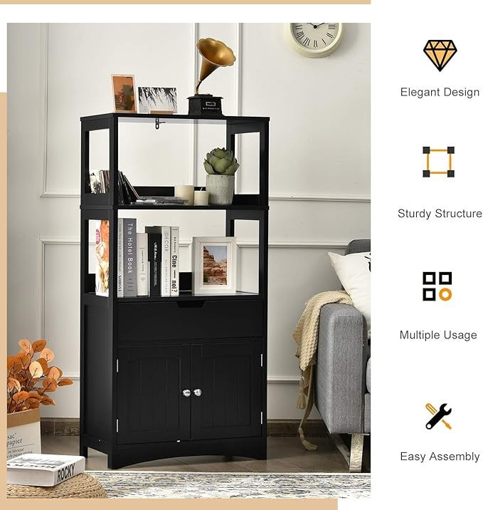 Freestanding Black Kitchen Storage Cabinet with Shelves Drawer Cupboard Modern