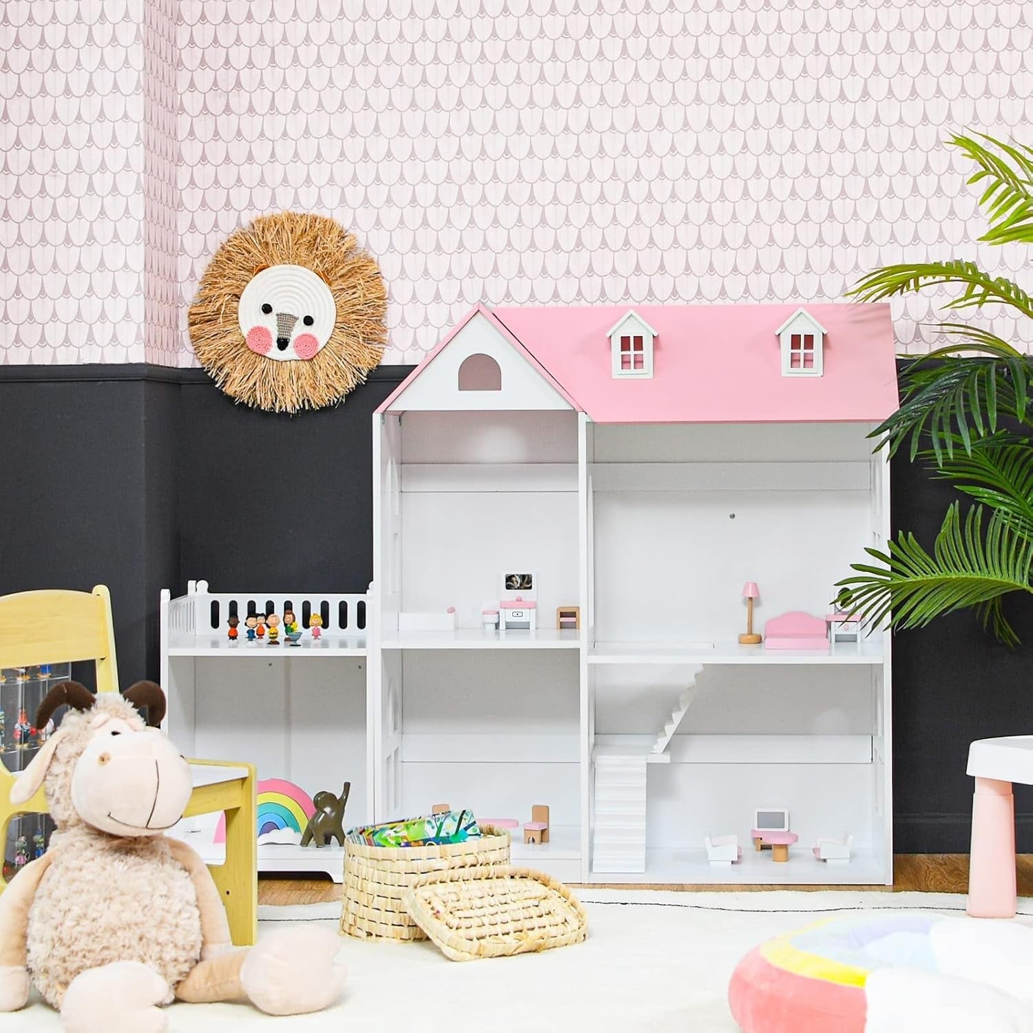 2in1 Kids Dollhouse Wooden Bookcase 2-Storey Playset w/ 14 Furniture Pink