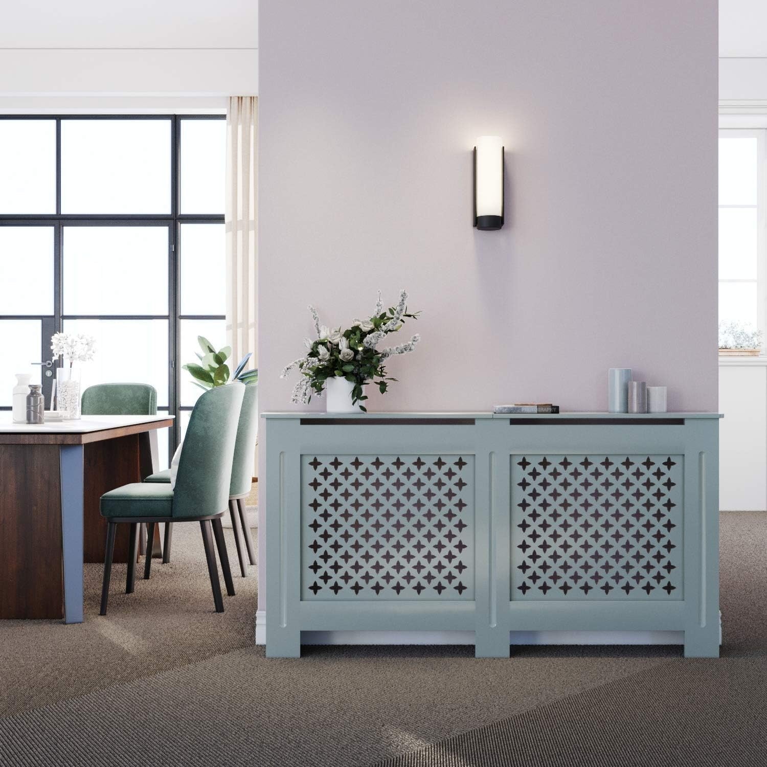 Grey Radiator Cover Cabinet with Shelf Modern MDF Slatted Design, Large